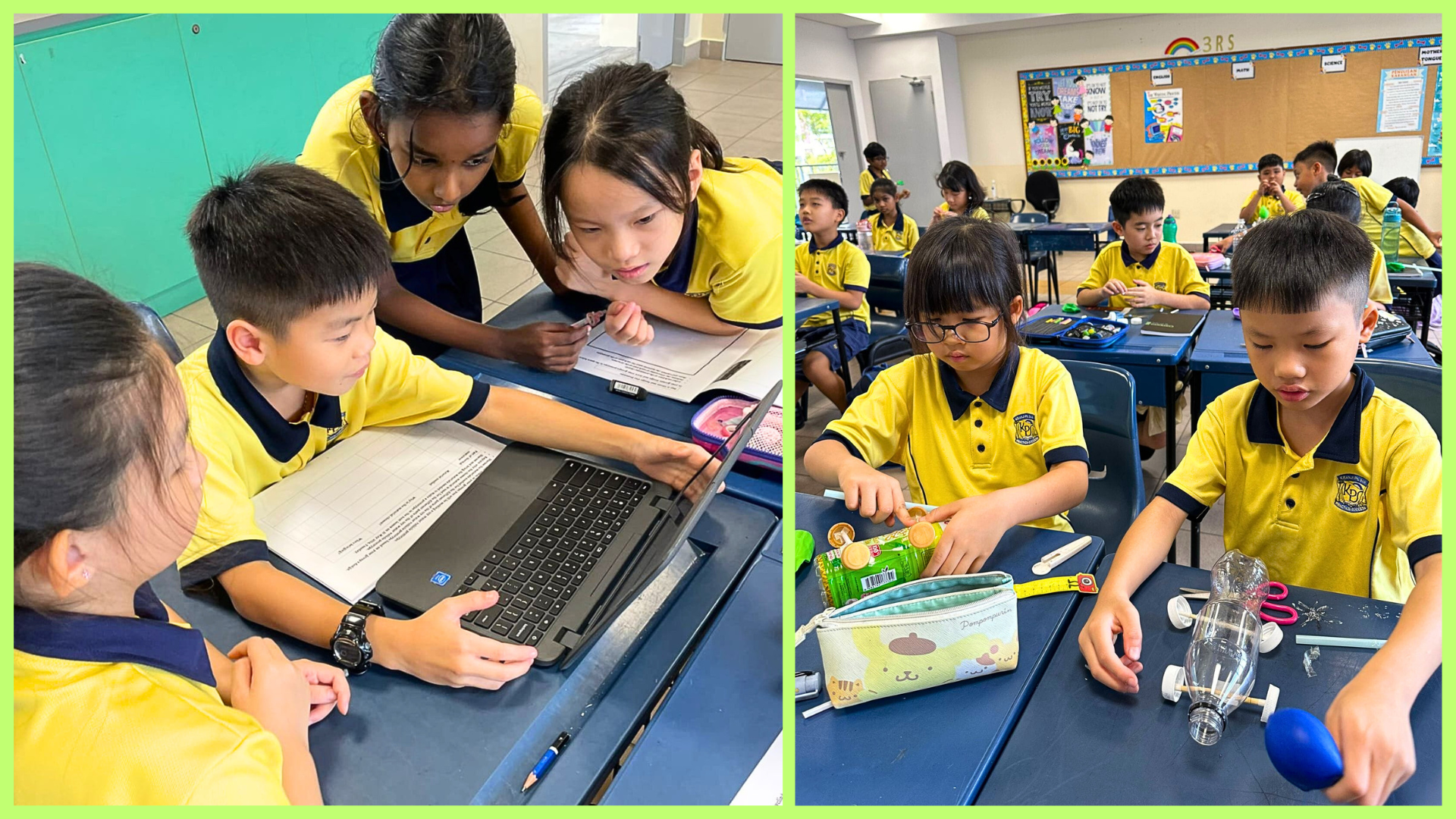 Young students in yellow uniforms gather around a laptop and work on a craft project with a plastic bottle in a classroom.